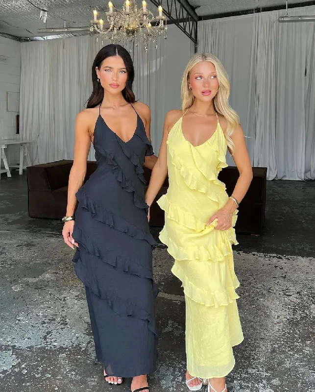 Low Price Special Refined Look Yellow Long Prom Dresses Sleeveless Ruffles Tiered Sexy Women Evening Party Gowns Custom Made Formal Occasion Dress