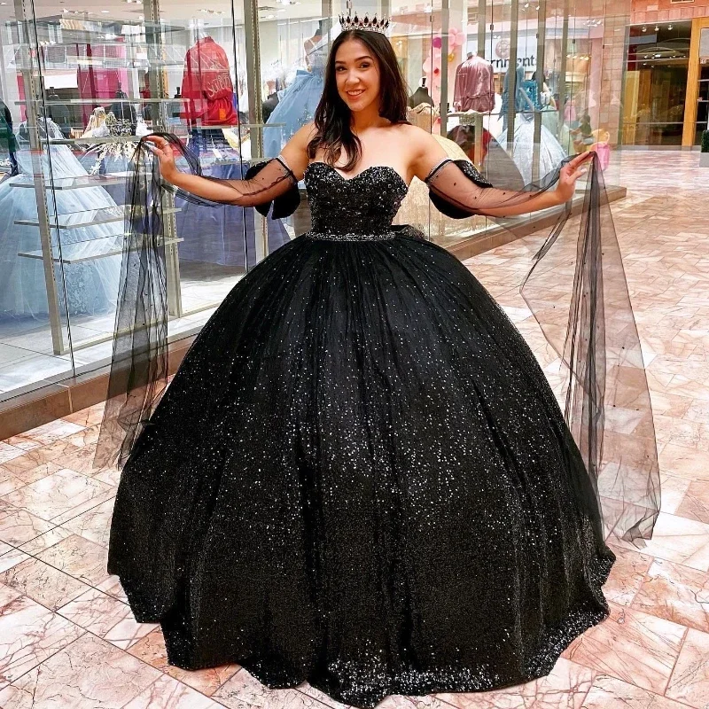 Imeless Style Luxury Comfort Black Shiny Quinceanera Dresses Birthday Off Shoulder Formal Ball Gown Beading Crystal Sequined Party Dresses