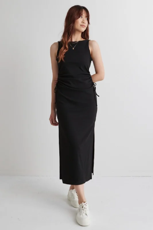 Relaxed Style Deals Big Savings on Minimalist Office Styles Night Out Black Rib Rouched Sleeveless Maxi Dress