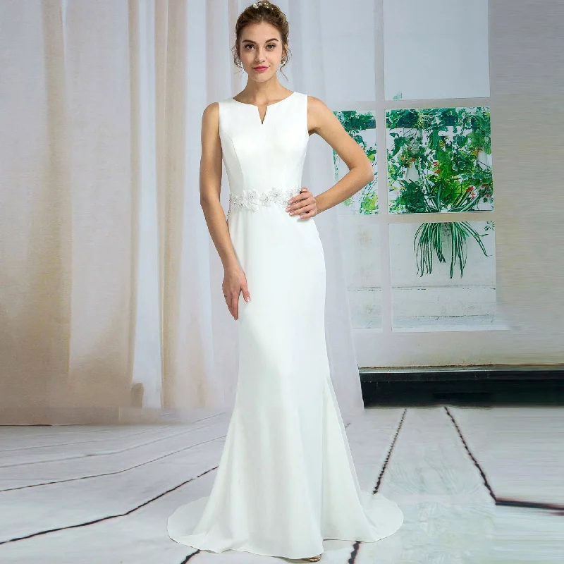 Urban Style Promotions Artful Design High Boat-Neck & Back Simple Satin Wedding Dress Mermaid Skirt