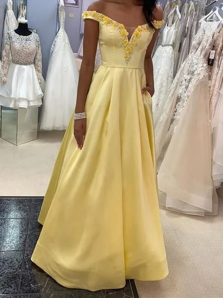 Chic And Edgy Summer Fashion Off Shoulder 3D Flowers Yellow Satin Long Prom Dresses, Yellow Floral Formal Dresses    cg19064