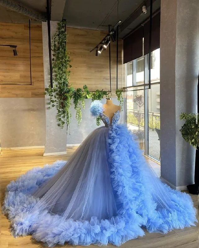 Street Chic Discounts Elegant Attire Blue Princess Quinceanera Dress V Neck Glitter Sequins Beading Flowers Party Sweet 16 Gown Vestidos De 15 Años