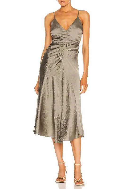 Modern Chic Discounts Romantic Flair Lizeth Hammered Silk Wrap Cami Midi Dress In Eucalyptus