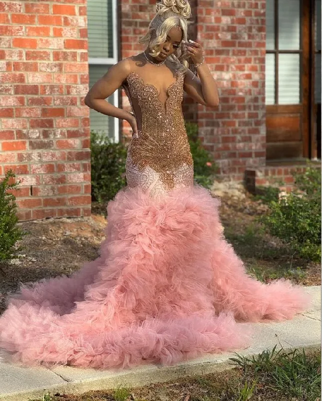 Massive Savings Romantic Flair Rose Pink Ruffles Mermaid Prom Birthday Gala Dresses for Black Girl Sparkly Diamond Luxury Evening Ceremony Party Gown