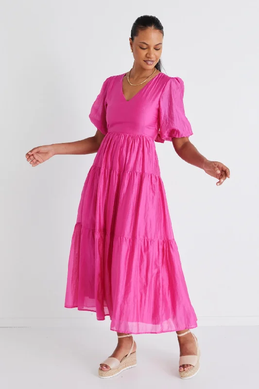 Hot Trends Vibrant Prints Musical Hot Pink Tie Back Puff Sleeve Maxi Dress