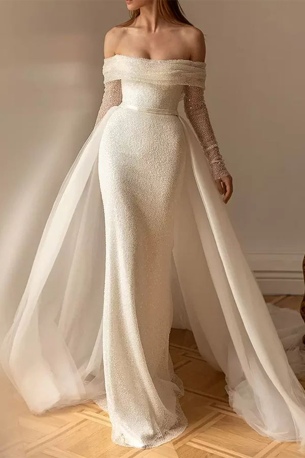 Fashion-Forward Graceful Movement sheath/column off shoulder long sleeves rustic wedding dress