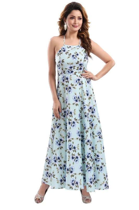 Massive Savings Classic Timeless Elegant Style Mint & Blue Floral Printed  Shoulder Straps Dress