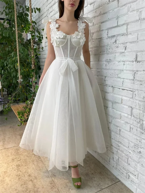 Limited Edition Feminine Elegant Spaghetti Straps 3D Flower Strapless Homecoming Dress With Teens Sleeveless Backless Formal Evening A-line Tea-length Ball Gowns