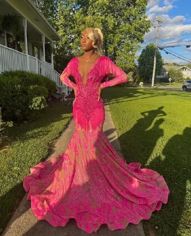 Hot Picks Limited - Stock Fuchsia Pink Sparkly Long Sleeve Evening Formal Dresses for Black Girl Luxury Diamond Tassel African Prom Gala Gown Birthday