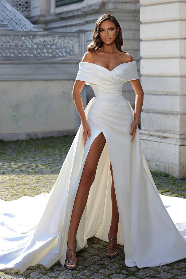 Limited Stock Subtle Sophistication Unique off shoulder high slit satin fishtail wedding dress with detachable hem