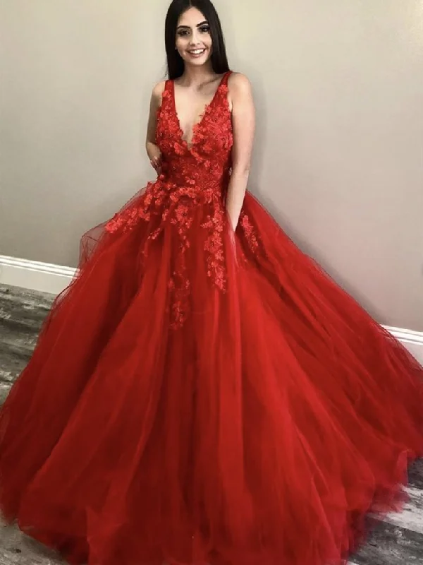 Holiday Glam Feminine Grace V Neck Long Red Lace Floral Prom Dresses, Red Lace Formal Dresses, Red Floral Evening Dresses   cg16069