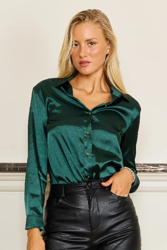 End Of Season Sale Everyday Glamour Formal Satin Long Sleeve Button Down Blouse Top Emerald