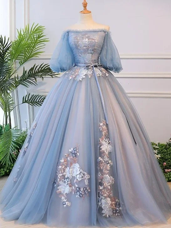 Romantic Chic Deals Chic Allure Blue Tulle Floral Off Shoulder Princess Formal Dress, Blue Sweet 16 Dress, Prom Dress   cg17330