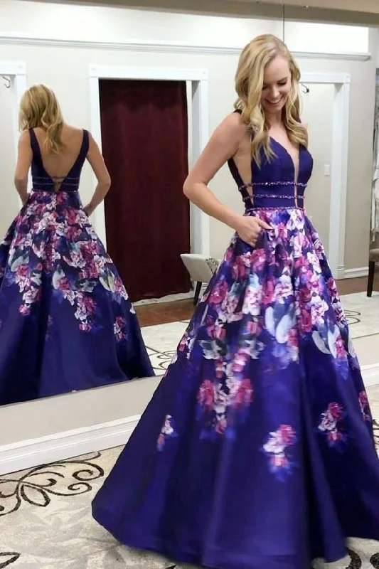 Snag Fabulous Fashion Bargains Chic Sophistication Popular A-Line V-Neck Long Floral Prom Dress with Pockets Royal Blue Evening Dress   cg21748