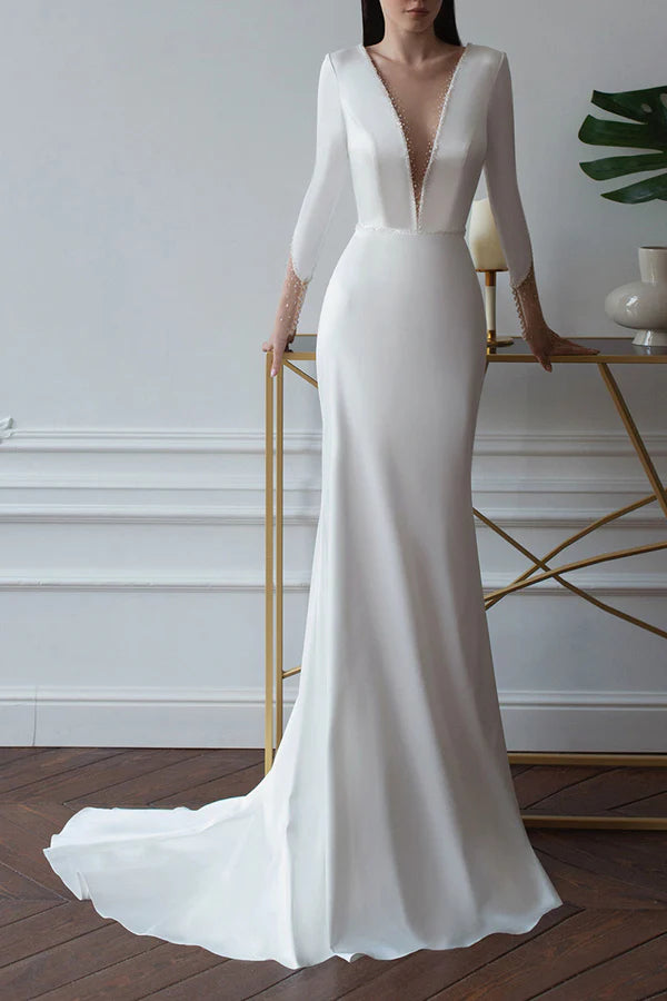 Statement Fashion Offers Refined Simplicity Sheath/pillar illusion deep V-neck long sleeved palace train satin wedding dress