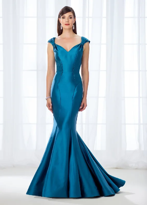 Elevated Casual Discounts Vintage Elegance Mon Cheri Fitted Cap Sleeves Stretch Satin Mermaid Gown 118661 - 1 pc Teal in Size 12 Available