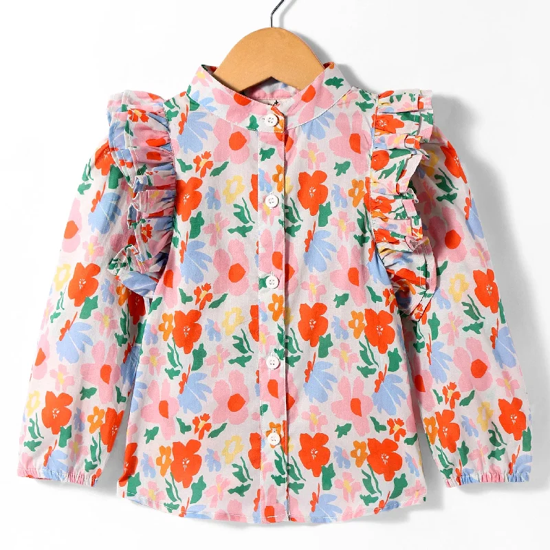 Chic And Trendy Casual Chic Pre-Order: Floral print full sleeves top with frills around the armhole-Multi Colour