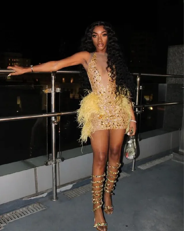 Limited Time Flash Sale Luxury Comfort Sparkly Gold Short Prom Homecoming Dresses Luxury Diamond Crystal Beaded Sheer Mesh Birthday Gown vestidos de graduación