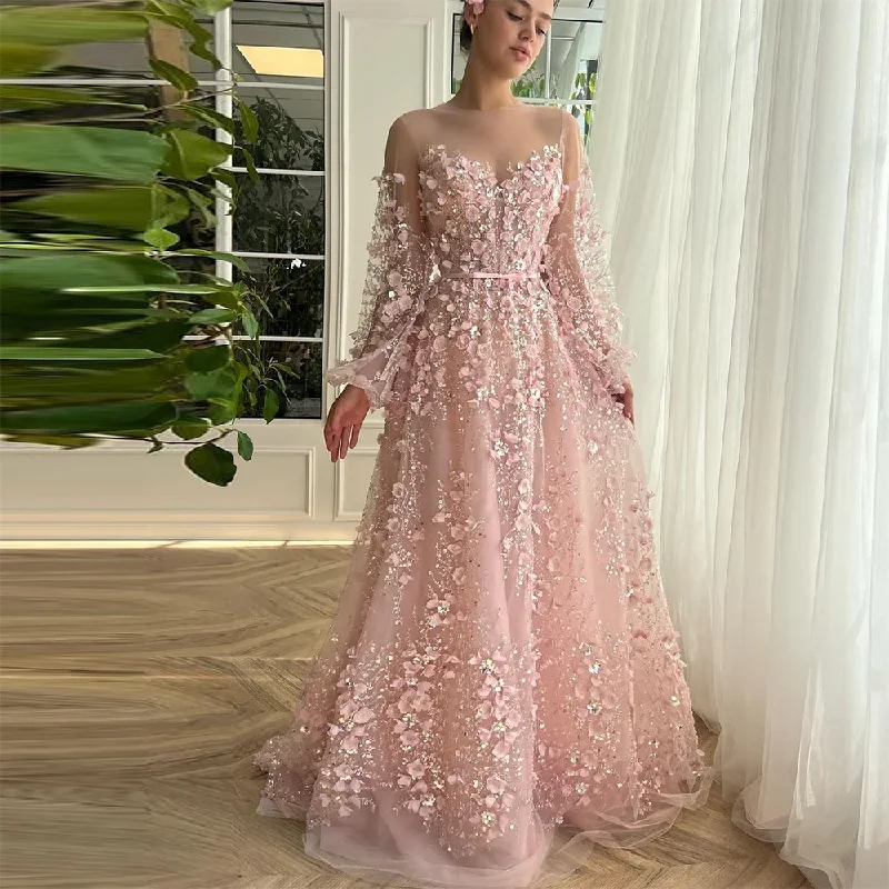 Contemporary Fashion Sale Casual Weekend Relaxed Style Exquisite Sequined Crystal Beading 3D Flowers Prom Dresses Long Sleeves Pleat Ruched A-Line Evening Gowns Formal Gown