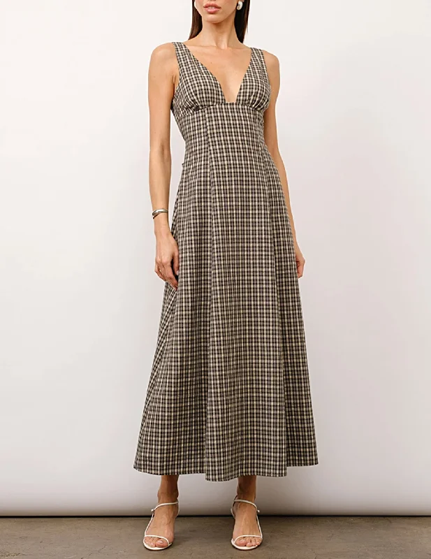 Dive Into Trendy Styles Bold Silhouette Augustine Plunging Godet Skirt Plaid Maxi Dress