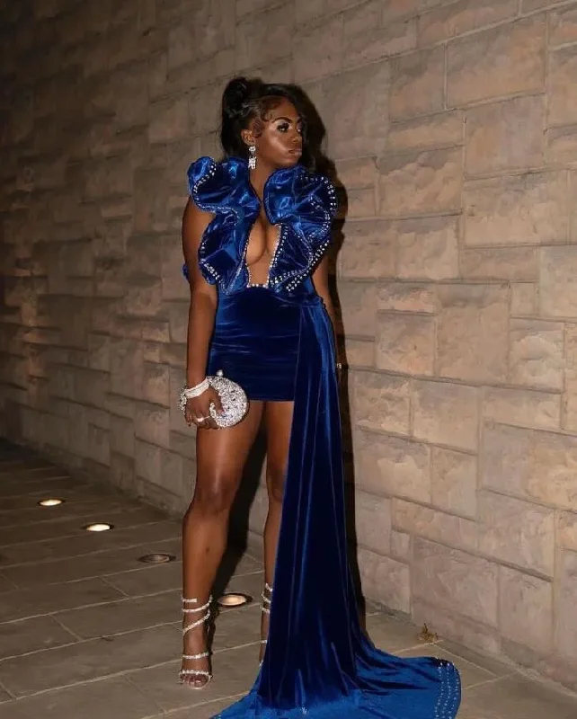 Fashionista Sale Sleek Design King Blue Short Prom Homecoming Dress with Train Ruffles Shoulder Black Girl Birthday Gown vestidos de graduación