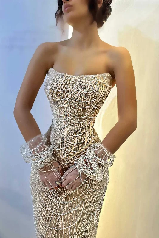 Casual Chic Deals Cottagecore Rustic Charm Style Luxury Arabic Champagne Sequined Pearls Evening Dresses Mermaid Strapless Beaded With Sleeves Formal Prom Party Gowns Vestidos