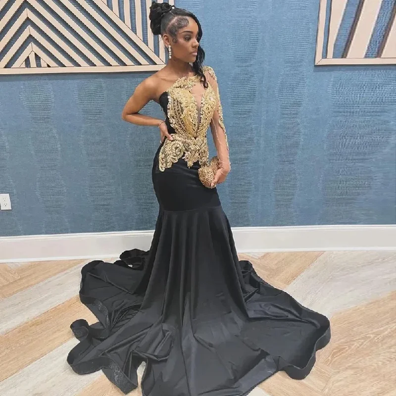 Stay Ahead In Style Playful Elegance Sexy One Shoulder Mermaid Prom Dresses for Black Girl Luxury Gold Lace Appliques Plus Size Formal Evening Occasion Gown