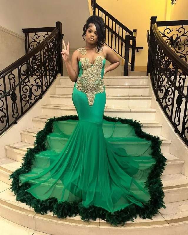 Fashionista Sale Nordic Minimalist Home Look Sparkly Long Green Mermaid Prom Ceremony Party Dresses for Black Girl Luxury Crystal Feahter Sheer Evening Birthday Gown