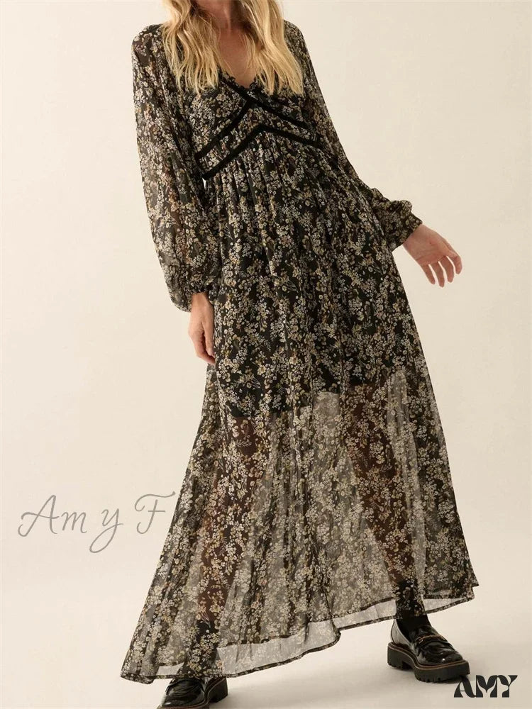 Low Price Special Parisian Effortless Chic Style Amy Fashion - Vintage Women Bohemian Floral Print  Summer  Sleeve V Neck High Waist Chiffon  Flowy Vestidos