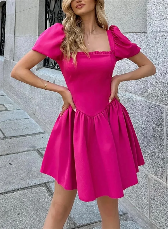 Sleek Style Discounts Everyday Glamour Square Collar Mini Prom Dresses Short Puff Sleeve Ruffles Basque Waist Birthday Party Dress Backless Lace Up Sexy Evening Gowns