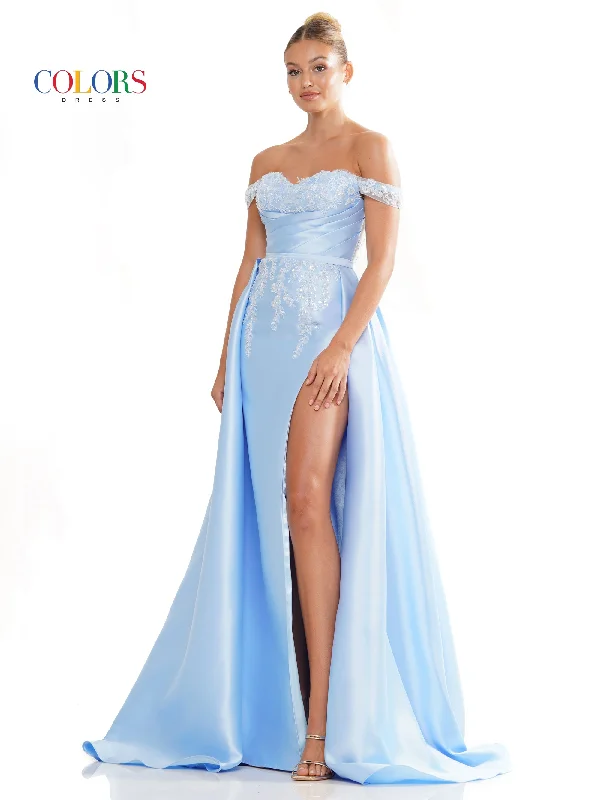 The Latest Trends Y2K Nostalgic Fashion Look Colors 3177 Long Off Shoulder Satin Overskirt Prom Dress