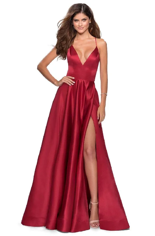 New Season Fashion Preview Bold Silhouette La Femme - Plunging V-Neck Fitted Satin A-Line Dress 28628SC