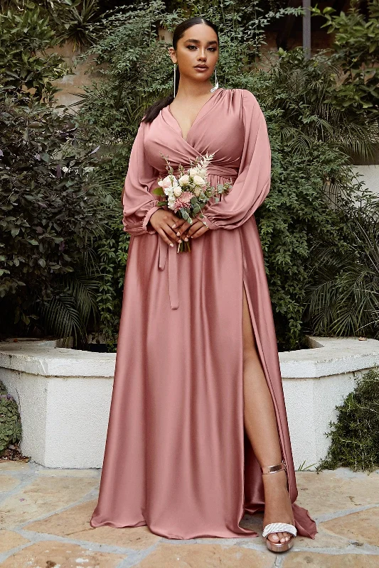 Trendy Women'S Wear Collection Contemporary Chic Cinderella Divine 7475C Plus Size Formal Long Sleeve Satin Dress Rose Gold