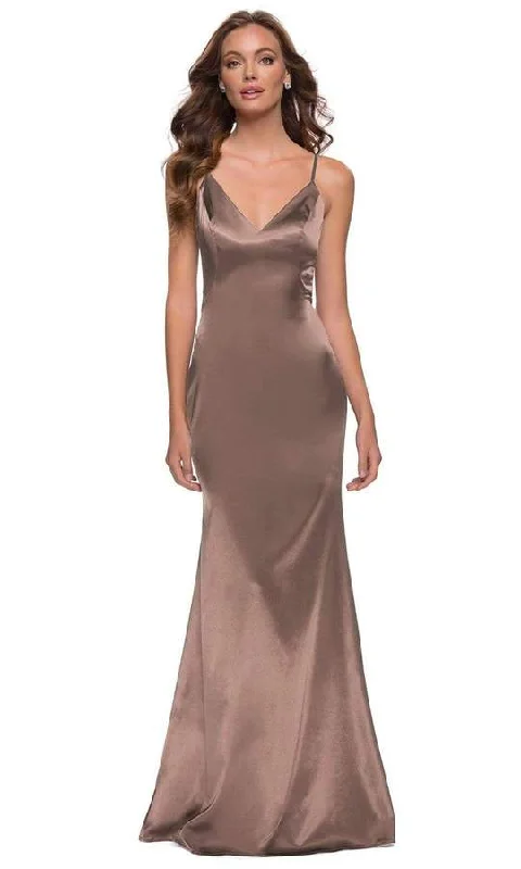 Stay Ahead In Style Vibrant Prints La Femme - Sleeveless V-Neck Fitted Satin Long Dress 29960SC - 1 pc Nude In Size 4 Available