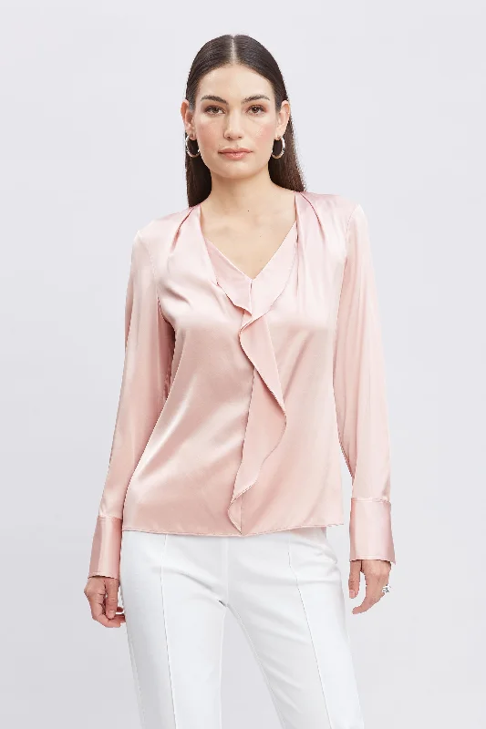 On-Trend Fashion Offers Modern Glamour Silk Satin Ruffle Contour Shirt