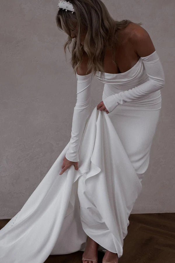 Athleisure Style Sale Elegant Details Unique off the shoulder long sleeved Bohemian style satin wedding dress paired with court train