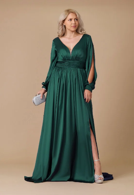 Trend Alert Feminine Grace Long Open Sleeve Satin Formal Evening Dress Emerald