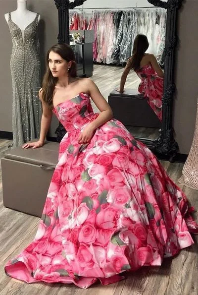 Exclusive Discount Fashion-Forward Style Elegant A-Line Strapless Floral Print Long Prom Dresses,Evening party Dresses  cg7335