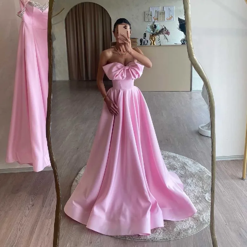 Limited-Time Offer Effortless Grace Lovely Pink Bow Long Prom Dresses Sweetheart A Line Women Birthday Dress Lace-up Simple Formal Party Gowns Custom