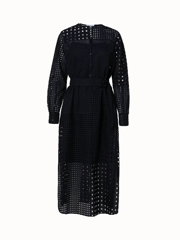 Glamorous Fashion Offers Elegant Attire Eyelet Embroidery Pattern Block Belted Midi Dress In Black