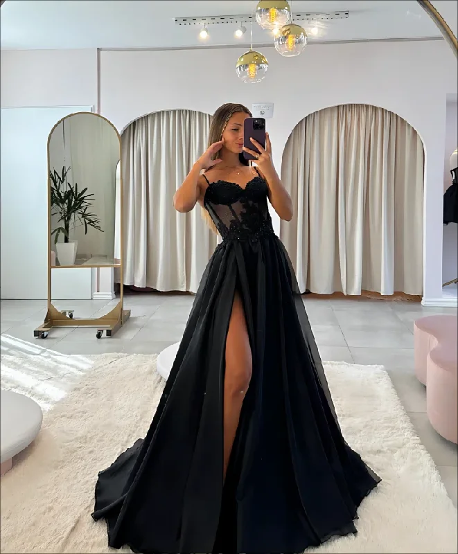 Glamorous Fashion Offers Alluring Design Black Sweetheart Spaghetti Straps High Slit Prom Dresses Appliques Lace Sexy Backless Illusion Formal Evening Gowns Party Dress