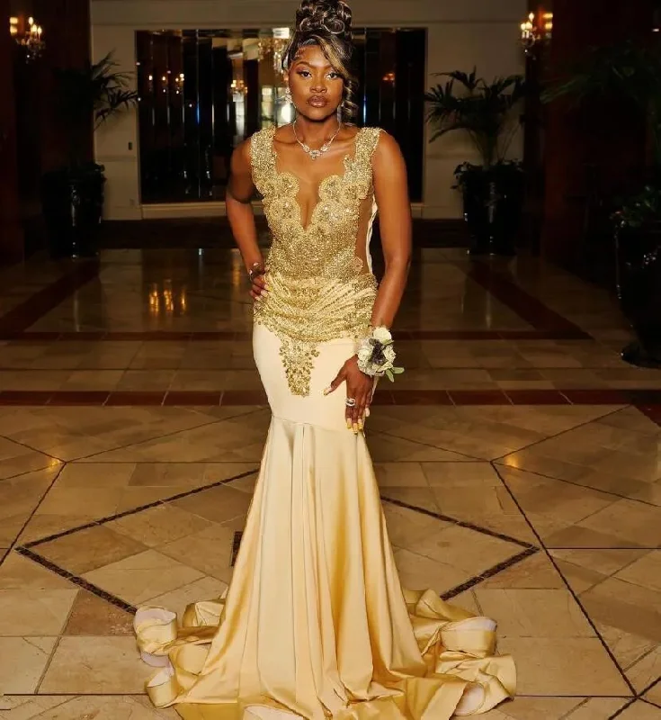 On-Trend Fashion Offers Chic Urban Fashion Look Gold Sparkly Long Prom Ceremony Party Dresses for Black Girl Luxury Diamond Crystal Evening Gown