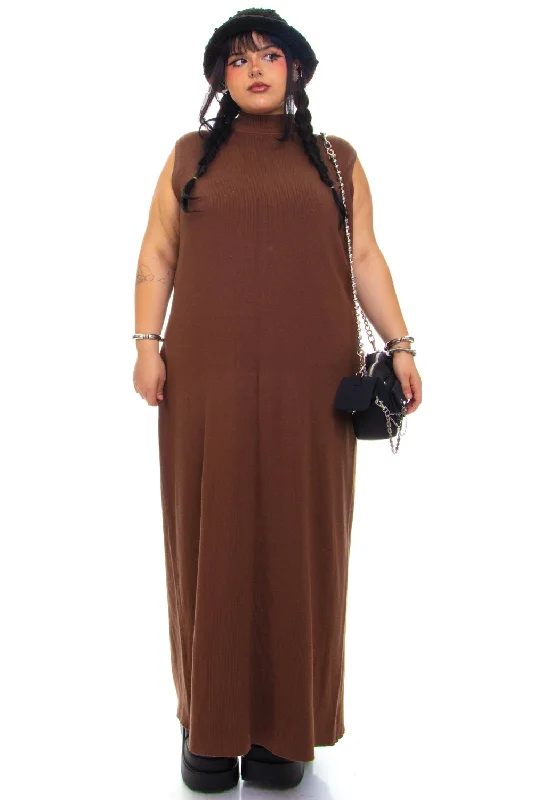 New Styles Just In Seasonal Trend Vintage Y2K Brown Ribbed Knit Turtle Neck Maxi Dress - 2X/3X/4X