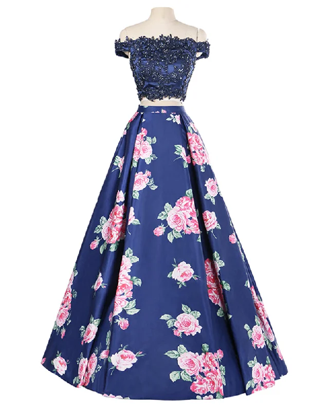 Boutique Styles Refined Look Elegant Crop Top Prom Dress Print Floral Prom Evening Dresses 2 Pieces  Long Party Gown