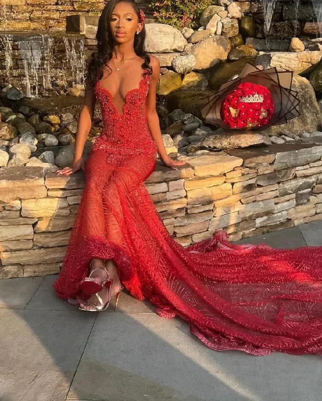 Save Big Elegant Details Red Sparkly African Prom Formal Dresses for Women Luxury Diamond Crystal Sequins Evening Ceremony Birthday Gown Black Girl