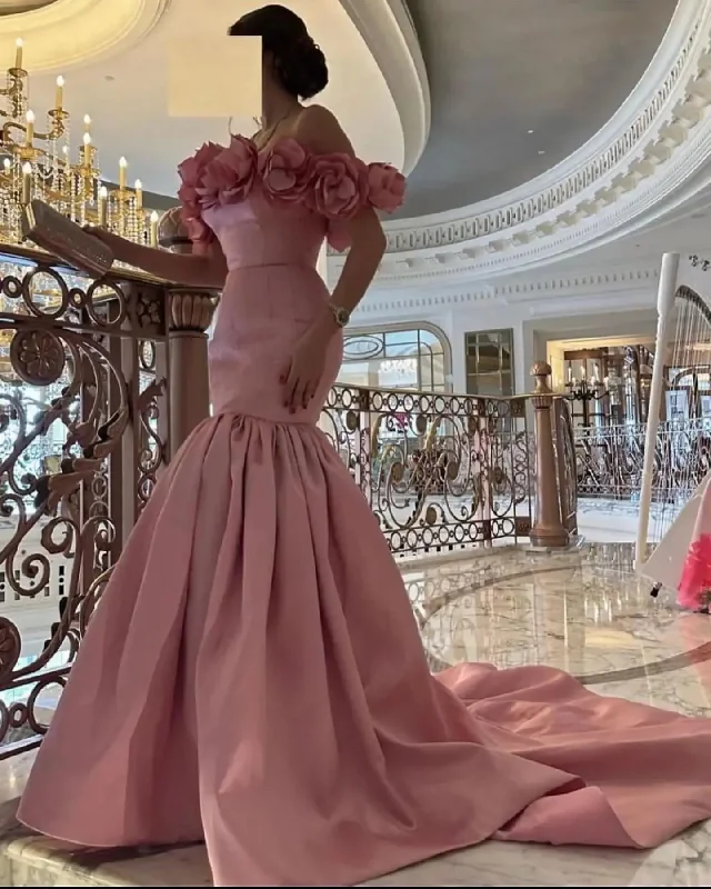 Flash Sale Starts Sleek Design Beautiful Rose Pink Bloom Mermaid Long Maxi Gowns To Event Party Lace Up Black 3D Flower Strapless Formal Party Dresses