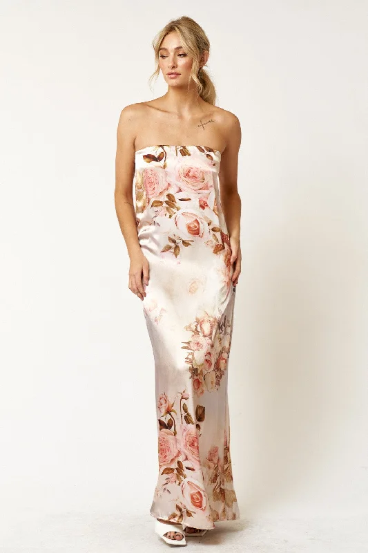 New Arrivals Seasonal Trend Long Strapless Flower Printed Satin Dress