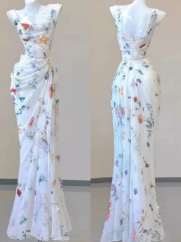 Glamorous Fashion Offers Graceful Drape Vintage Sheath Square Neckline Long Prom Dresses White Floral Evening Dress With Ruffles C3115