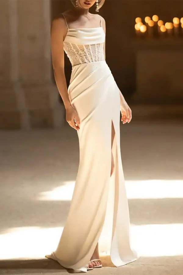 Chic Style, Always In Vogue Limited - Stock Fine shoulder strap beads elegant slit fishtail wedding dress