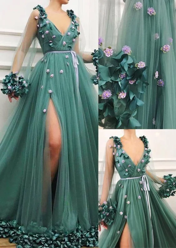 Summer Fashion Parisian Effortless Chic Style Deep V-Neck Dark Green Party Dresses 3D Floral Appliques Decoration A Line Evening Gowns Prom Dresses    cg19680